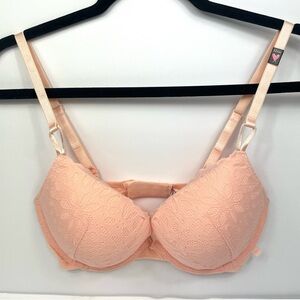 Victoria’s Secret Sexy Tee Cotton Eyelet Push Up Bra Peach Lace Floral Size 32DD